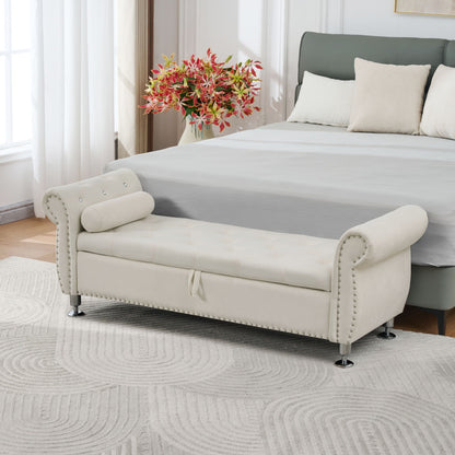 Storage bench in ivory leather with crystal buttons, 2 bolster pillows, chrome legs on Tampa Home & Garden Store