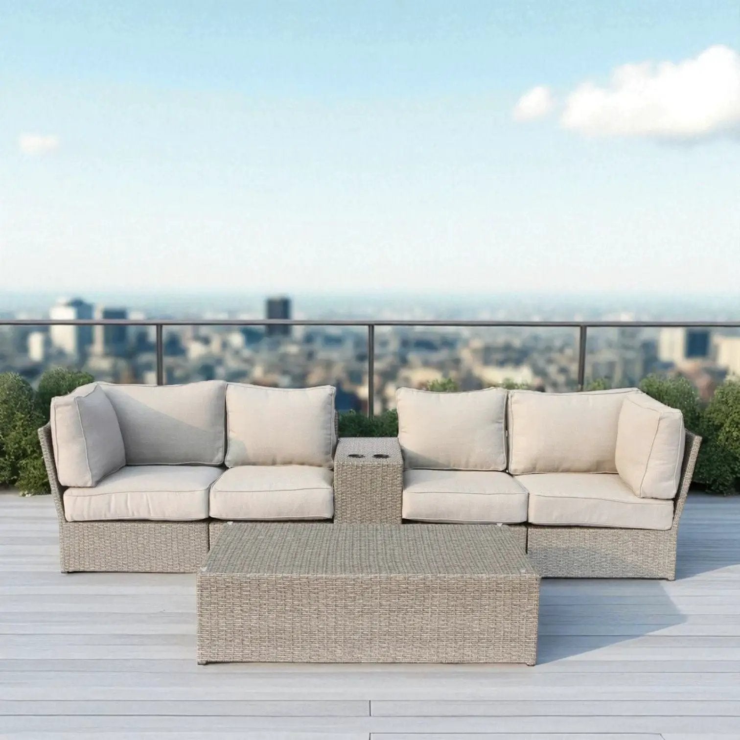 Stylish modular wicker patio seating group with neutral beige cushions, 4-piece outdoor set on Tampa Home & Garden Store