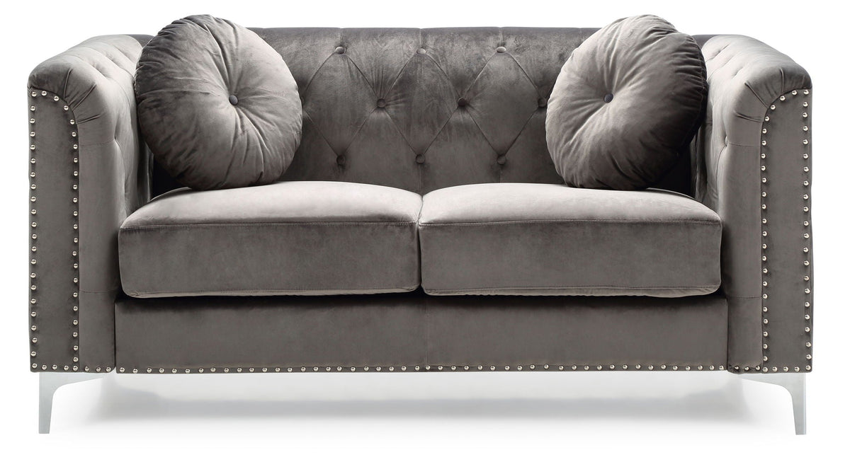HouseOfZazla stationary loveseat with sloped arms in gray micro suede, round bolster pillows on Tampa Home & Garden Store