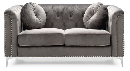 HouseOfZazla stationary loveseat with sloped arms in gray micro suede, round bolster pillows on Tampa Home & Garden Store