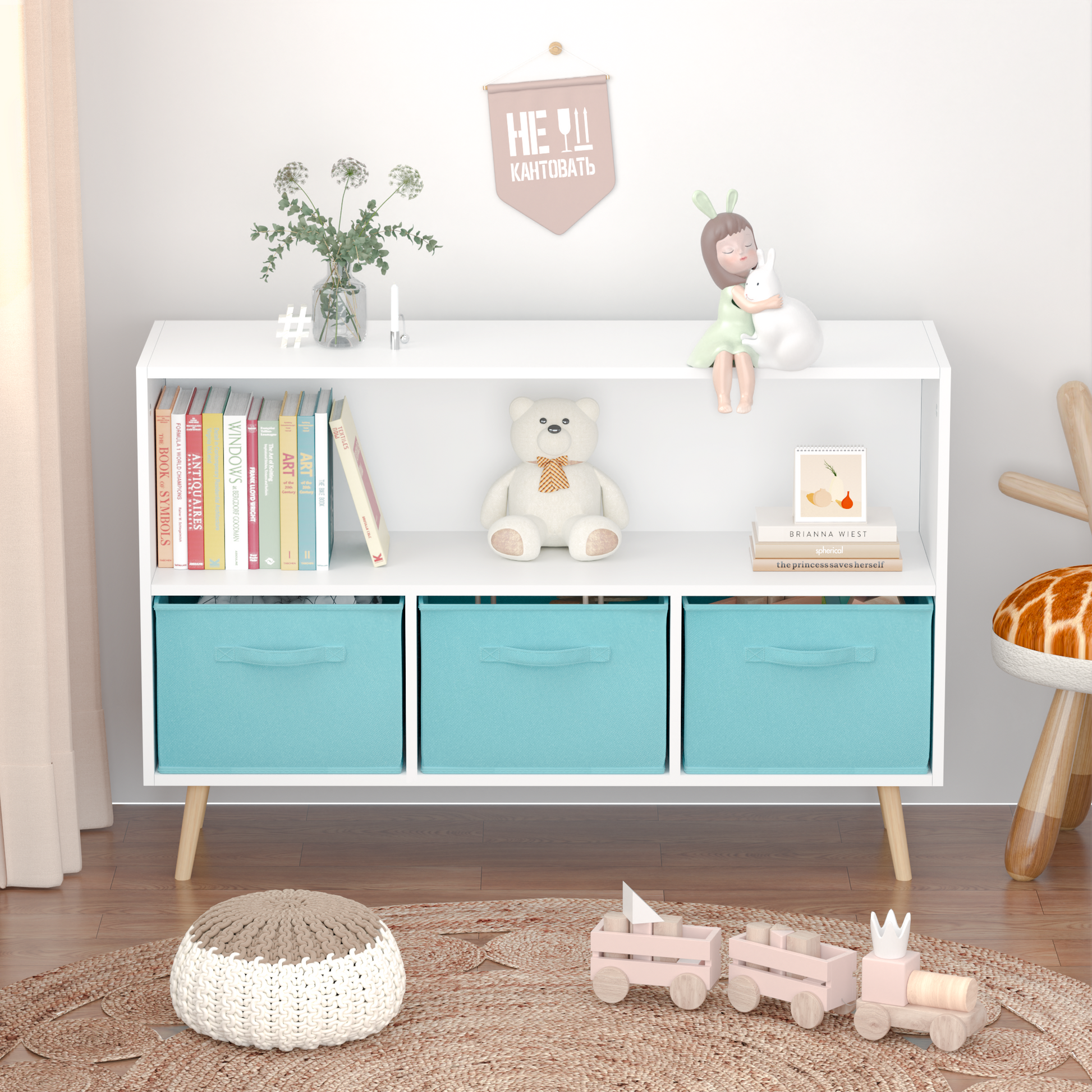 Kids bookcase with Collapsible Fabric Drawers Children's Book Display Toy Storage Cabinet Organizer White/Blue - Tampa Home & Garden Store