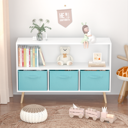 Kids bookcase with Collapsible Fabric Drawers Children's Book Display Toy Storage Cabinet Organizer White/Blue - Tampa Home & Garden Store