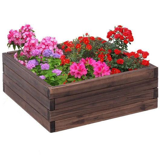 Square wooden raised garden bed filled with pink, purple, and red flowers on Tampa Home & Garden Store
