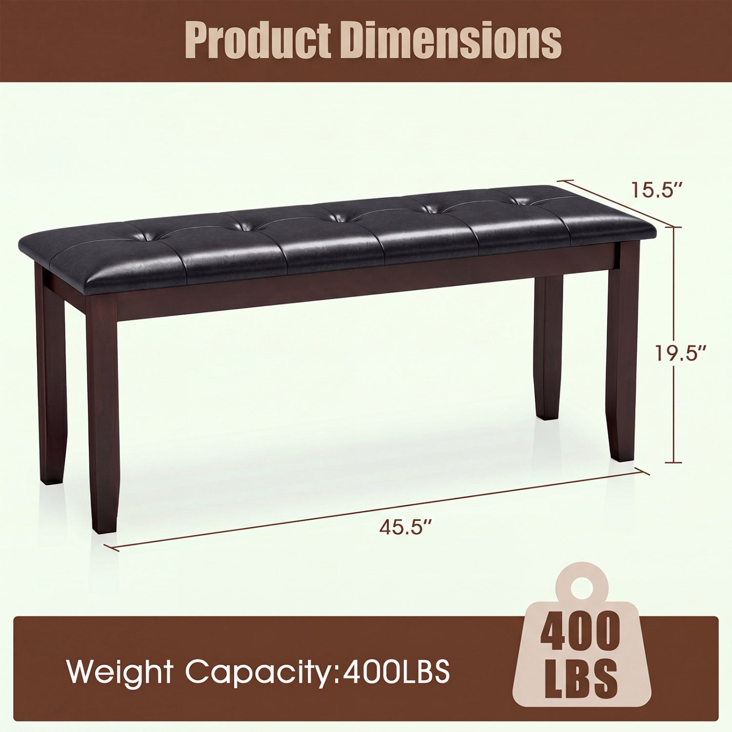 Upholstered bench with tufted black leather seat and dark wood legs, 45.5 in long, DirectDeals on Tampa Home & Garden Store