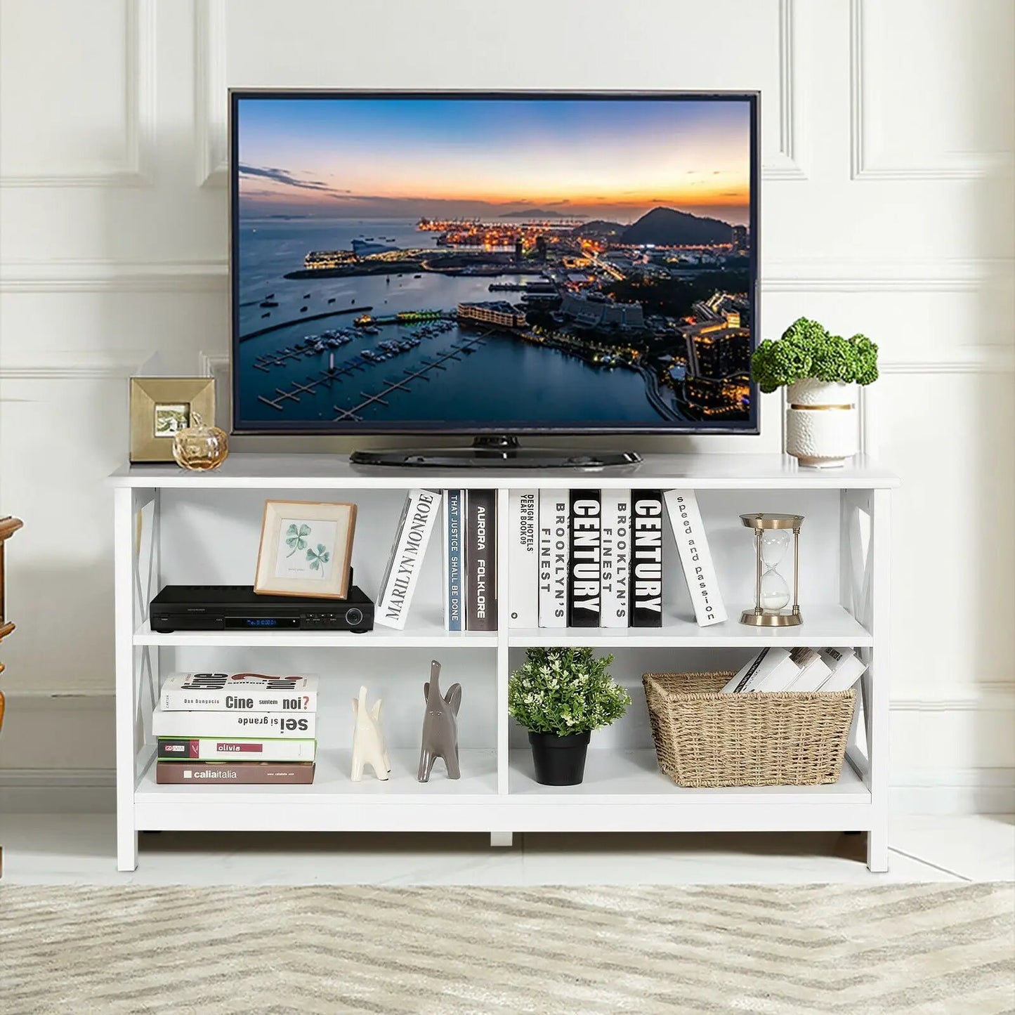 Wooden TV Stand for 55 TV with X Shaped Frame