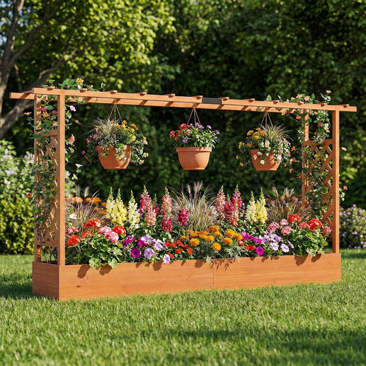 45 Inch Tall Wooden Raised Garden Bed with Side Trellis and Hanging Roof Drainage Holes - Tampa Home & Garden Store
