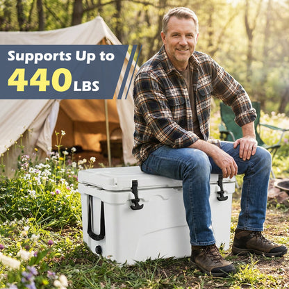 45 Quart portable hard cooler GemGear white ice chest with black latches in camping scene on Tampa Home & Garden Store