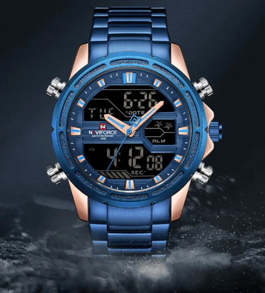 Mens wrist watch Stevvex blue stainless steel with analog and digital displays waterproof on Tampa Home & Garden Store