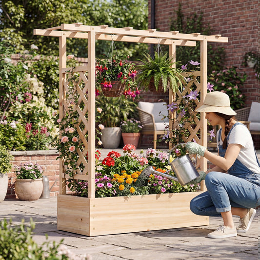 45 inch Tall Wooden Raised Garden Bed with Side Trellis and Hanging Roof - Tampa Home & Garden Store