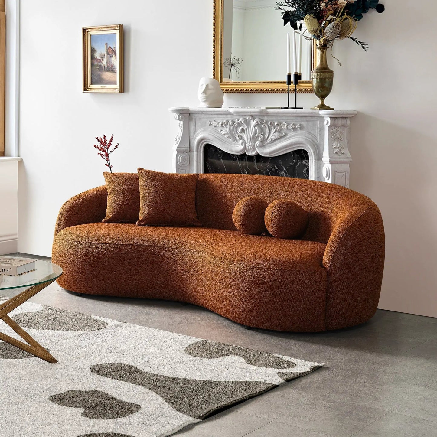 Drake Japandi style curvy boucle sofa burnt orange stationary with rounded arms on Tampa Home & Garden Store