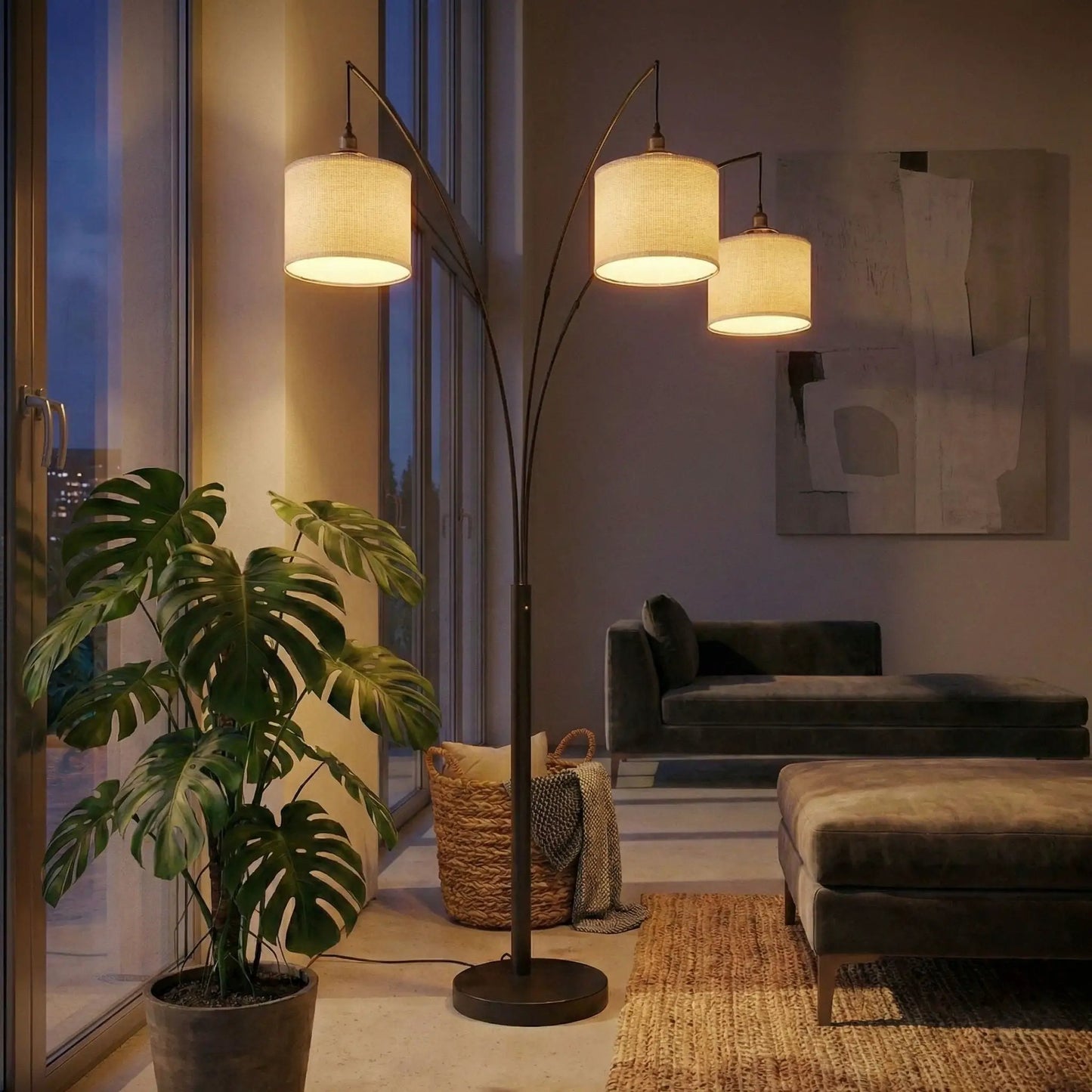 Royal 3-Arm Arc Floor Lamp oil-rubbed bronze with linen shade, 4-way switch on Tampa Home & Garden Store
