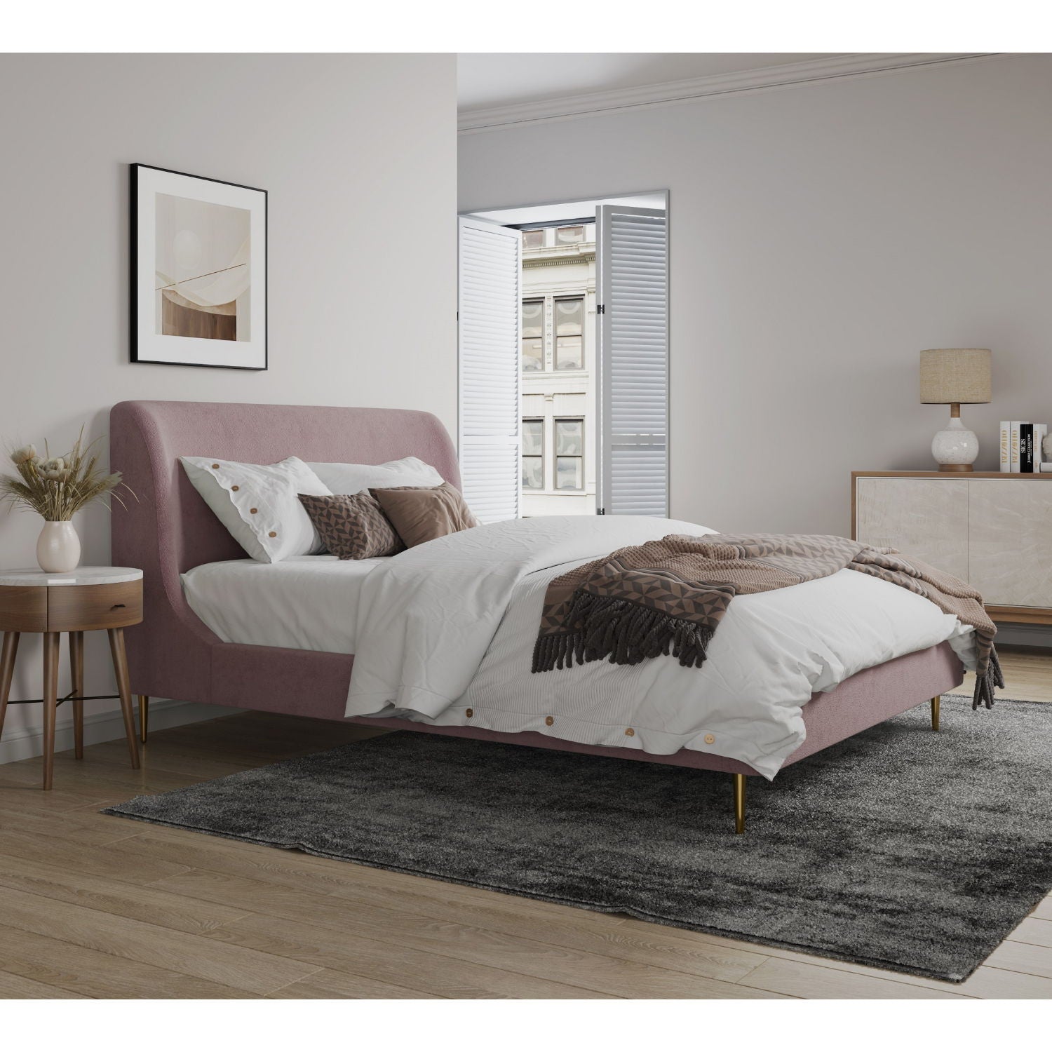Heather upholstered bed by HouseOfZazla featuring a curved pink headboard in a neutral bedroom on Tampa Home & Garden Store