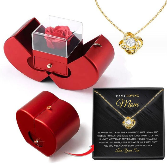 Red apple jewelry box gift set with eternal rose and gold heart pendant necklace on Tampa Home & Garden Store