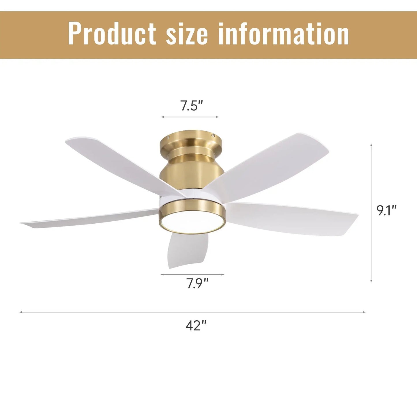 Flush mount ceiling fan with 5 white blades, brass motor housing, LED light, remote control on Tampa Home & Garden Store