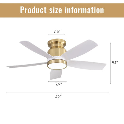 Flush mount ceiling fan with 5 white blades, brass motor housing, LED light, remote control on Tampa Home & Garden Store