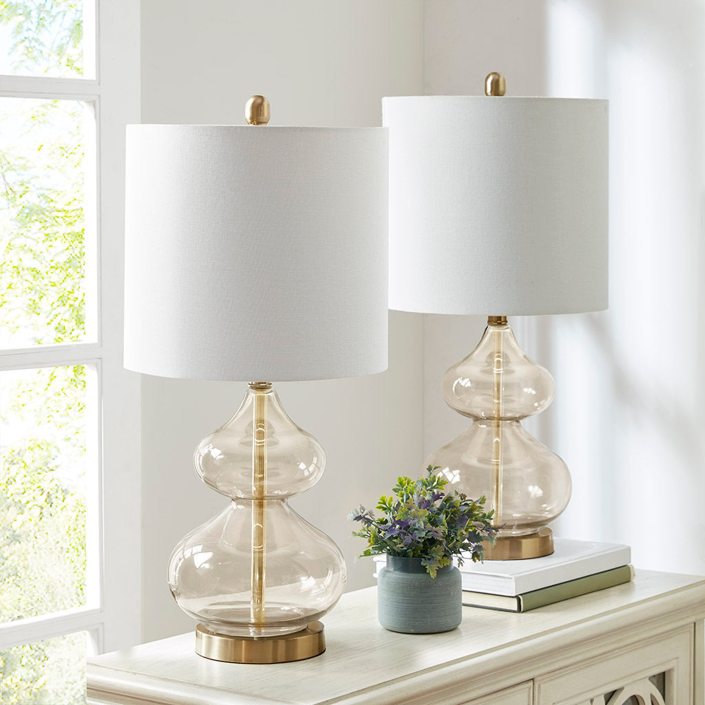 Ellipse Curved Glass Table Lamp set of 2 with clear glass bases brass stems white shades on Tampa Home & Garden Store