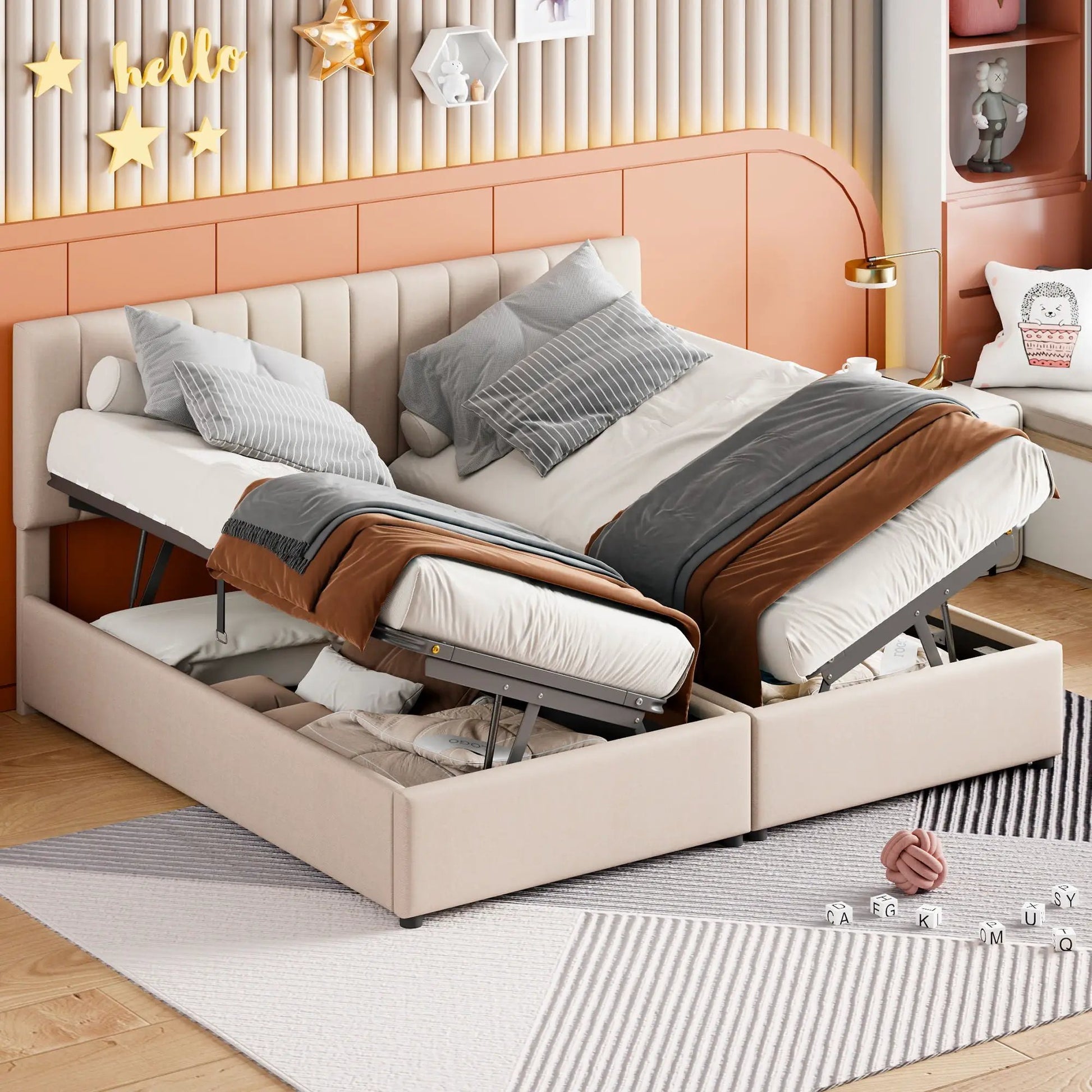 Upholstered platform bed with hydraulic storage, blush pink fabric on Tampa Home & Garden Store