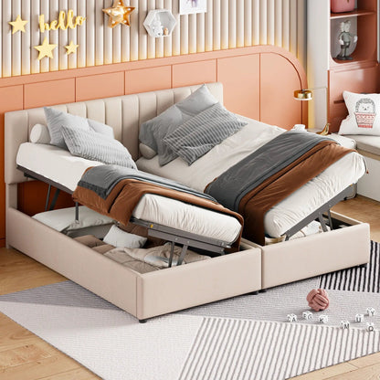 Upholstered platform bed with hydraulic storage, blush pink fabric on Tampa Home & Garden Store
