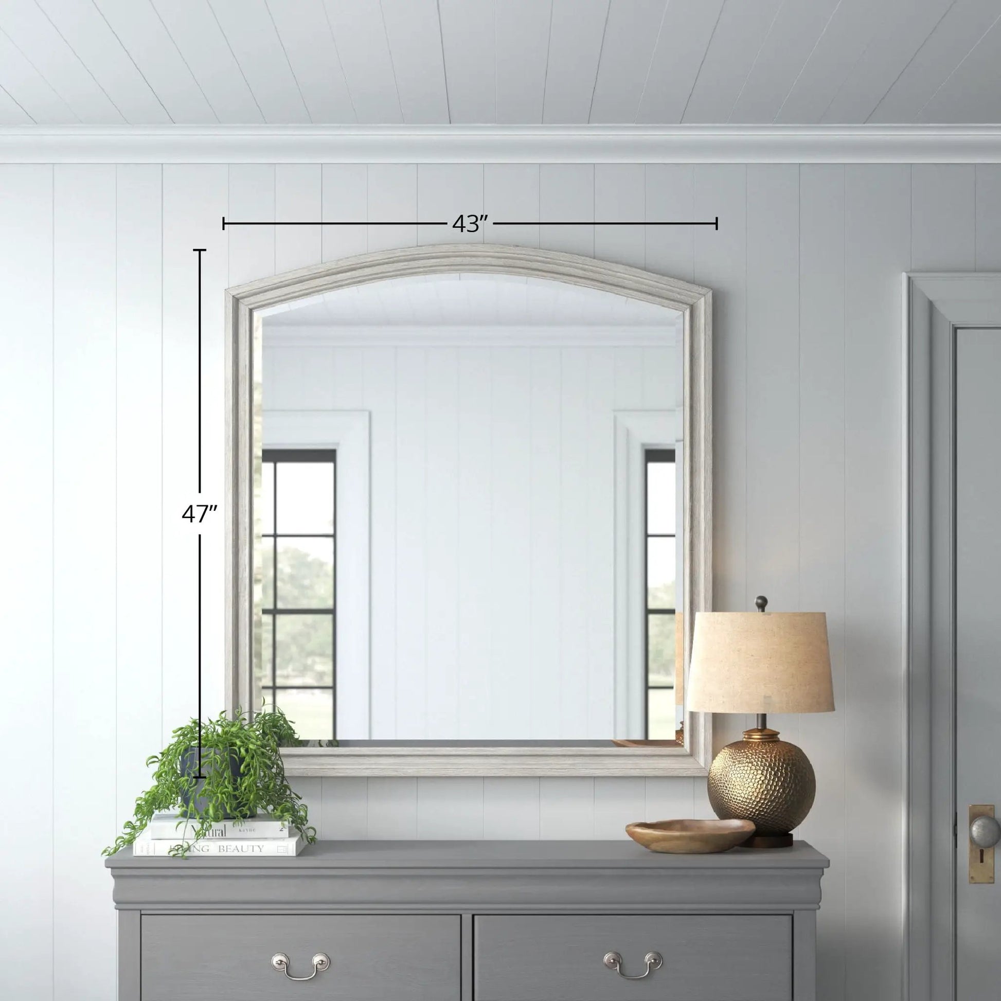 Mirror - Antique Gray by Unique Piece Furniture; distressed gray wood frame with arched top on Tampa Home & Garden Store