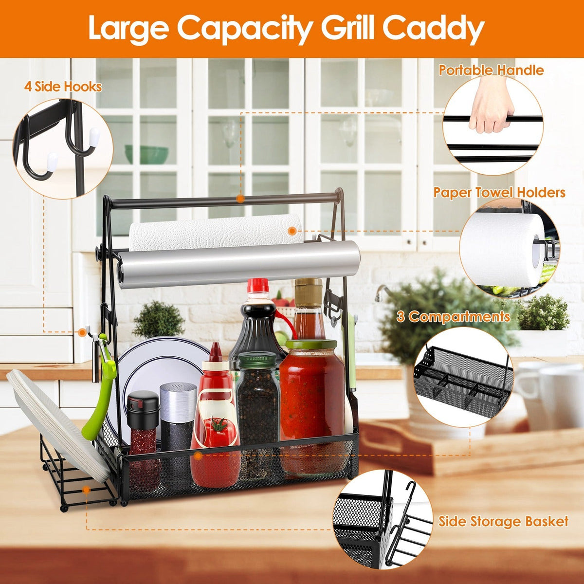 Grill utensil caddy, black metal with paper towel holder on outdoor grill on Tampa Home & Garden Store