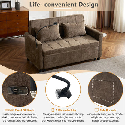 Pull-Out sleeper sofa in brown fabric with USB ports and phone holder on Tampa Home & Garden Store