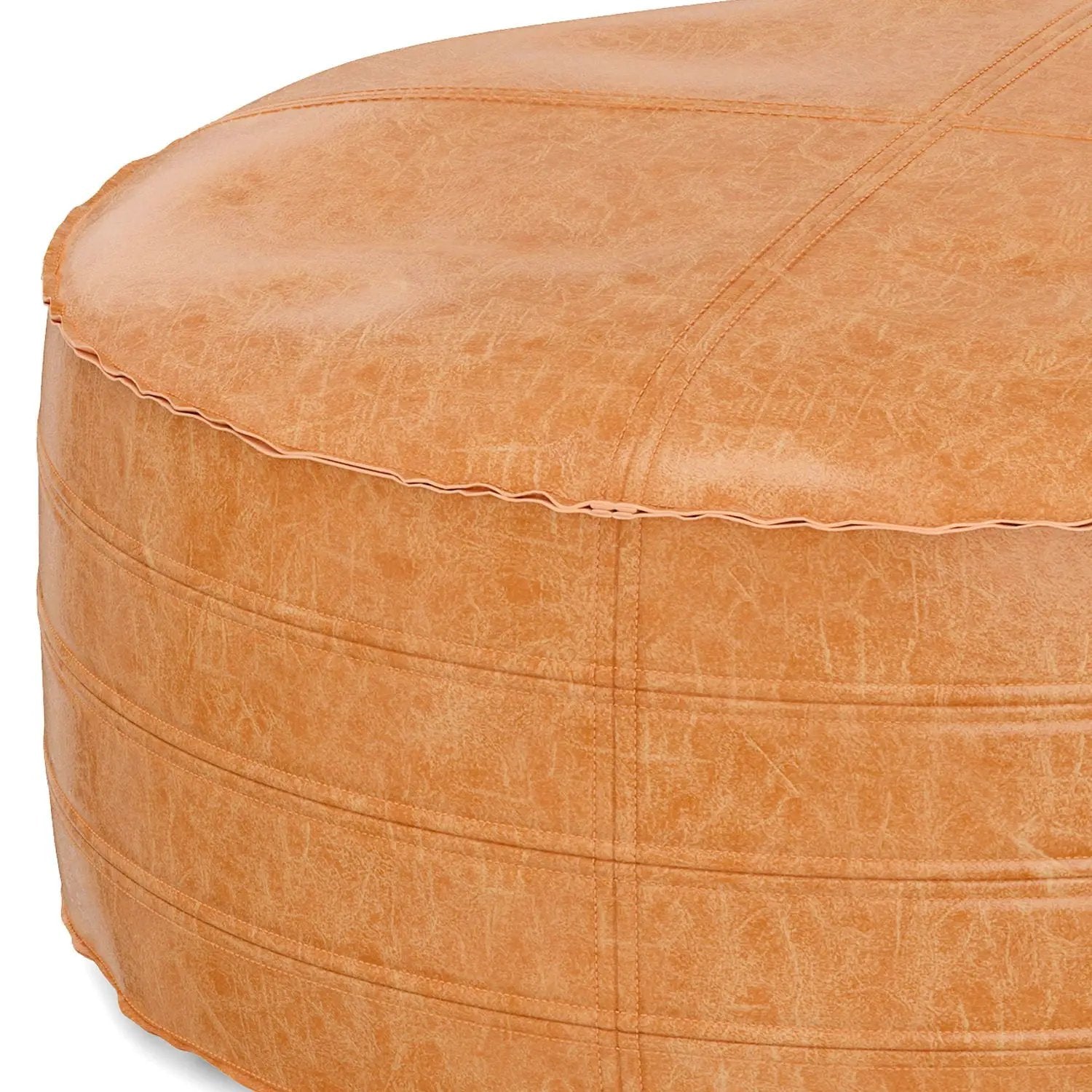 Brody round pouf, orange distressed faux leather, Unique Piece Furniture accent pouf on Tampa Home & Garden Store