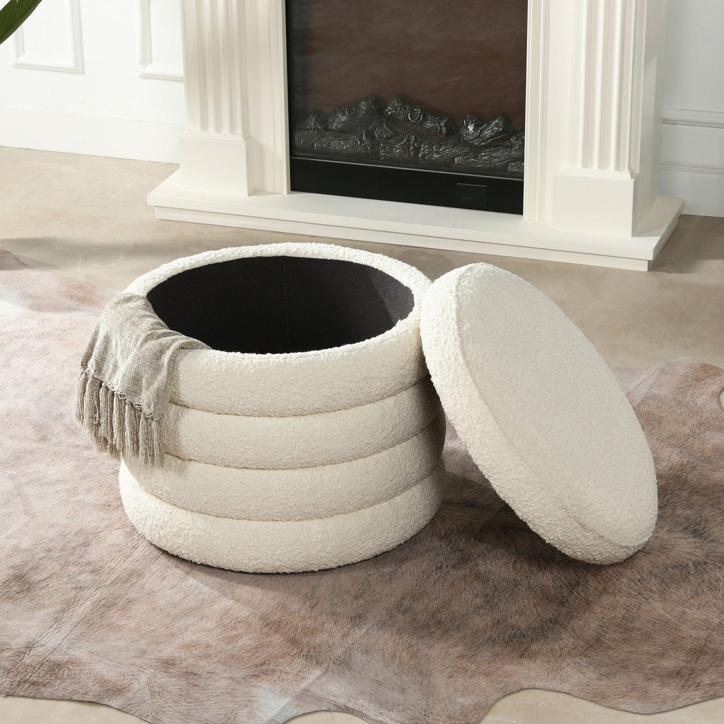 Fuji Oversized Round Storage Ottoman by HouseOfZazla cream boucle with fringe trio on Tampa Home & Garden Store