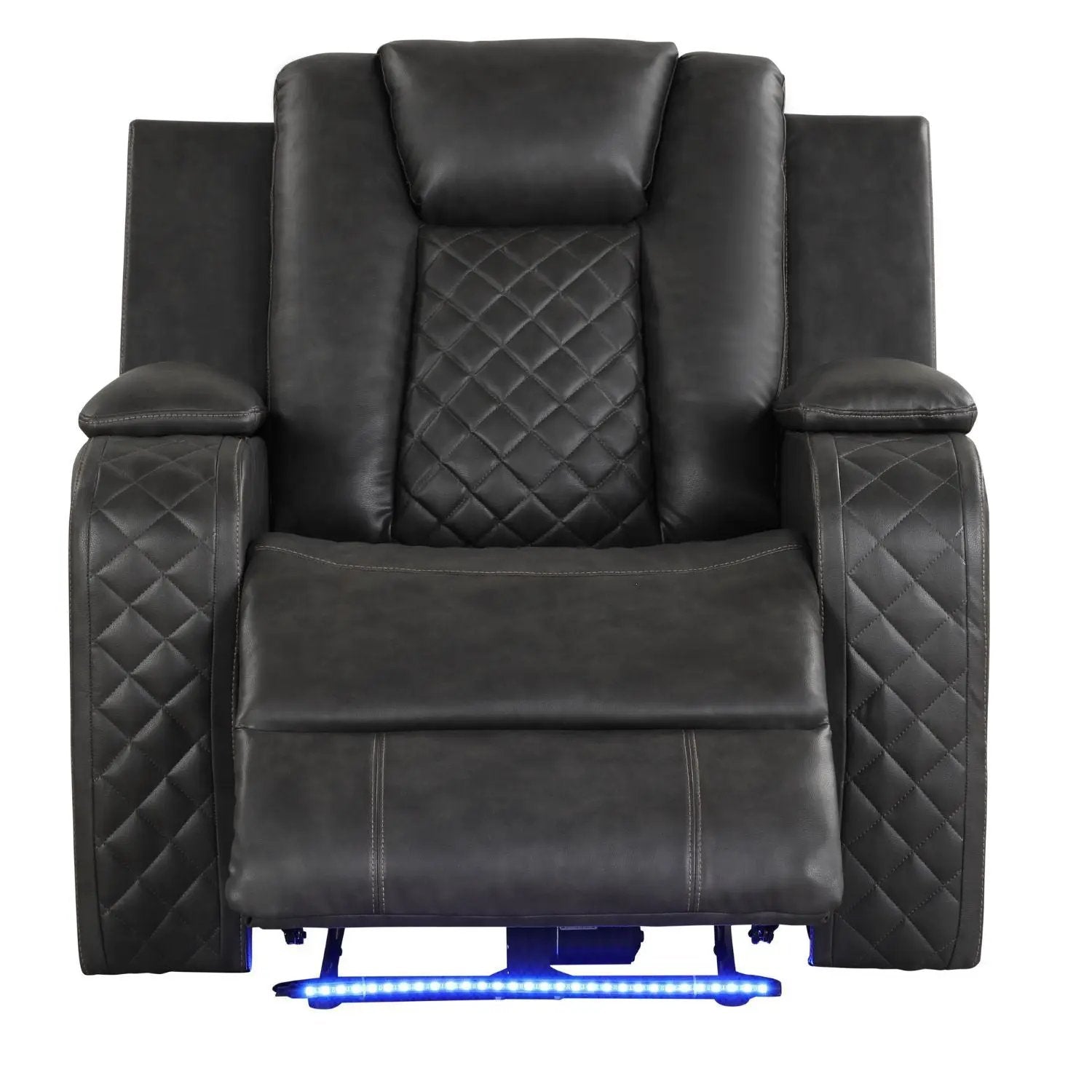 Benz blue LED Power Recliner Chair with adjustable headrest, black leather, diamond panels on Tampa Home & Garden Store