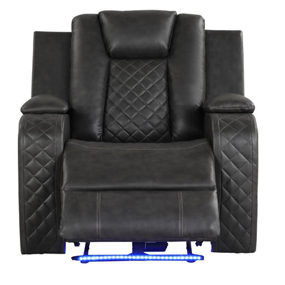 Benz blue LED Power Recliner Chair with adjustable headrest, black leather, diamond panels on Tampa Home & Garden Store