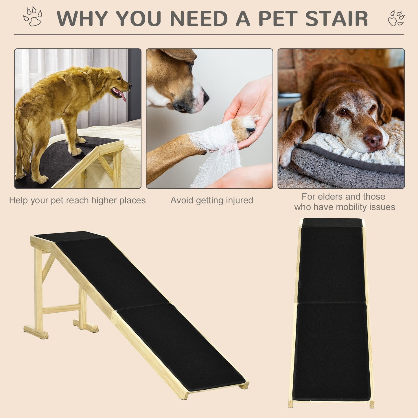 PawHut Dog Ramp for Bed with Non-Slip Carpet, black surface on wooden frame on Tampa Home & Garden Store
