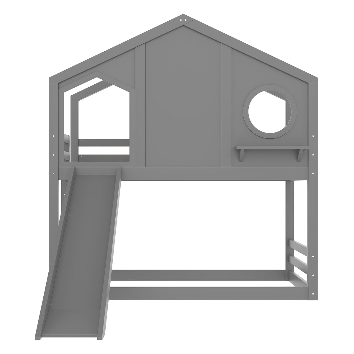 Twin House Bunk Bed with Slide and Storage Shelves gray frame with circular window and built-in shelf on Tampa Home & Garden Store