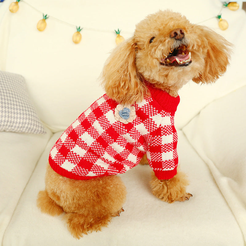 Bowknot red and white plaid knit dog sweater with blue flower patch on Pet Zen dogwear on Tampa Home & Garden Store