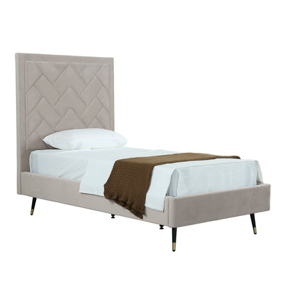 Crosby upholstered bed with beige geometric tufted headboard and slats HouseOfZazla on Tampa Home & Garden Store