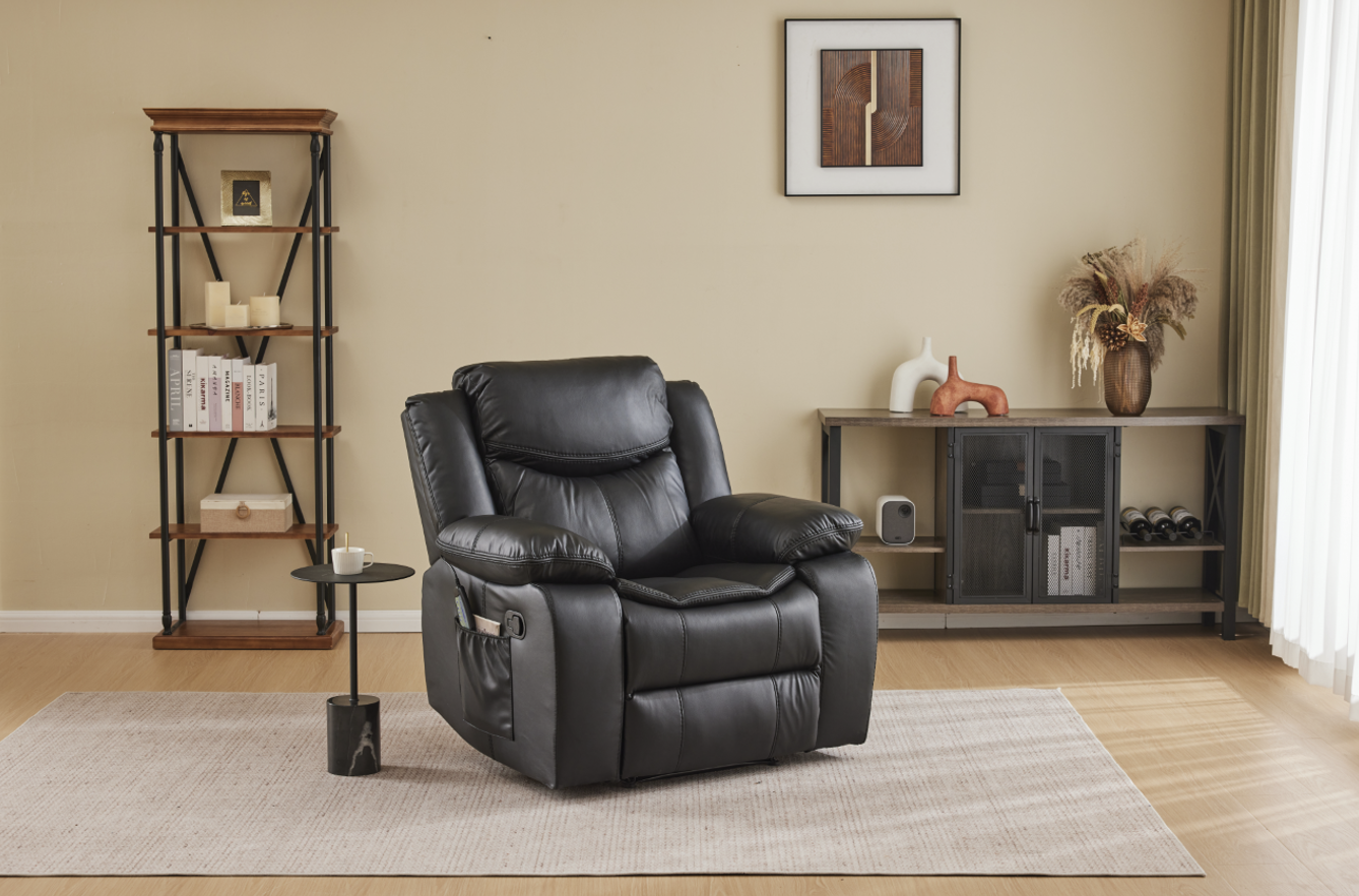 Black air leather recliner chair with vibration and heating by HouseOfZazla in a living room on Tampa Home & Garden Store