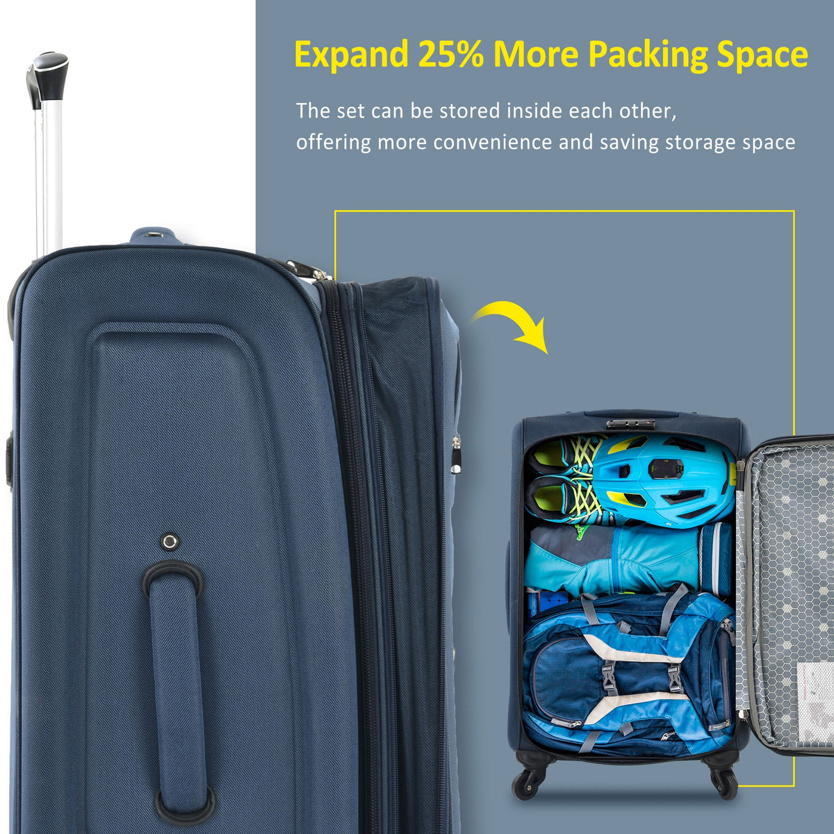HouseOfZazla dark blue softside luggage 3-piece expandable set; upright spinner suitcases on Tampa Home & Garden Store