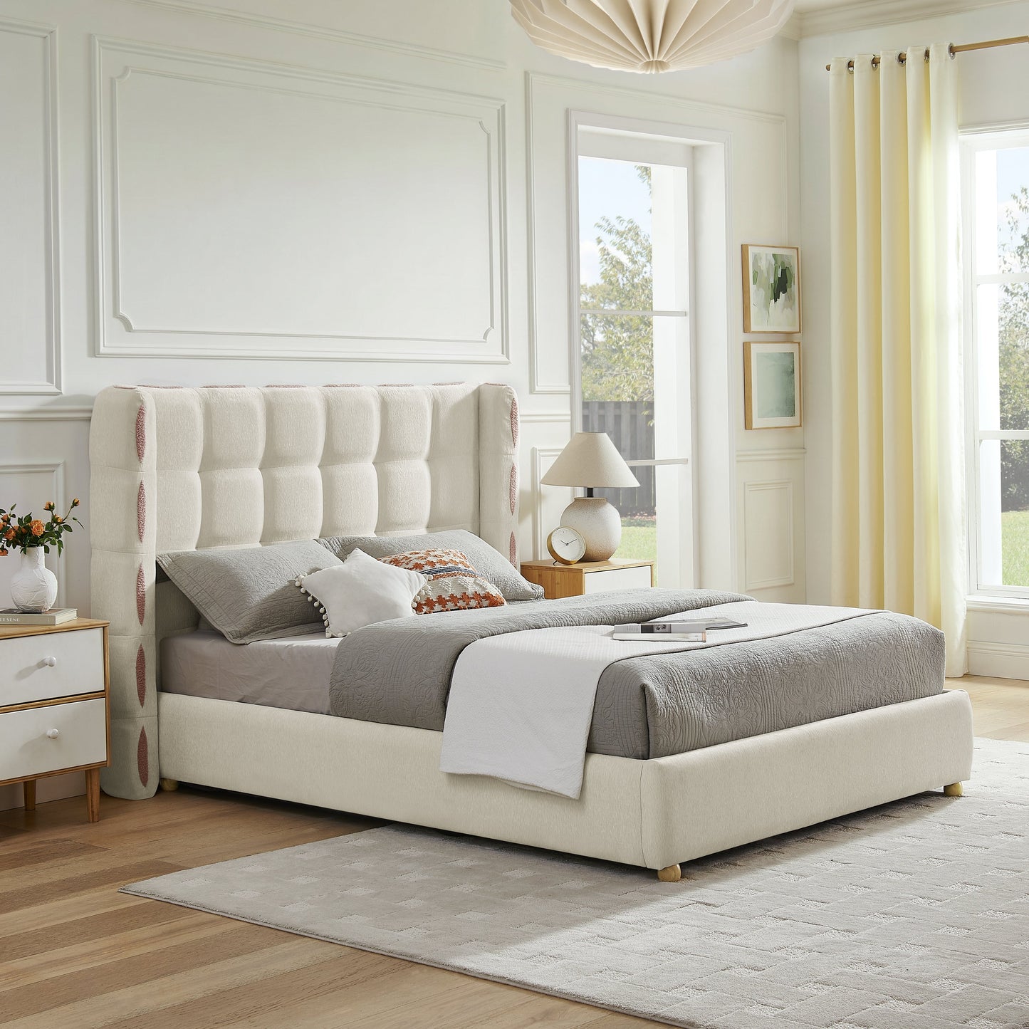 Queen size chenille wingback bed with cream tufted upholstery by HouseOfZazla on Tampa Home & Garden Store