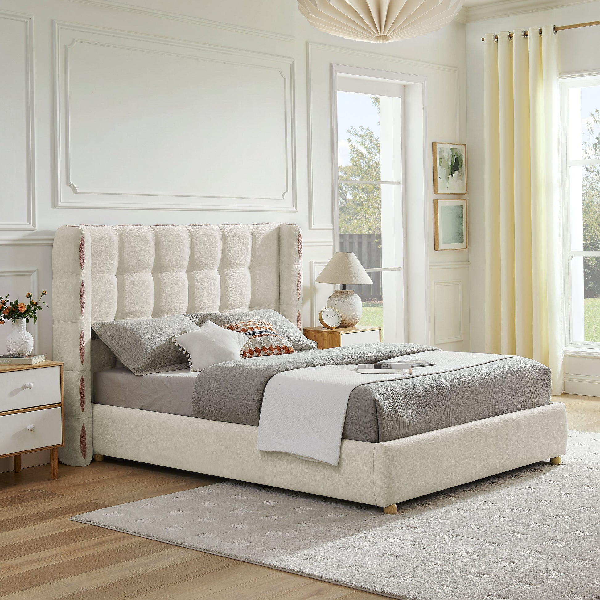 Queen size chenille wingback bed with cream tufted upholstery by HouseOfZazla on Tampa Home & Garden Store