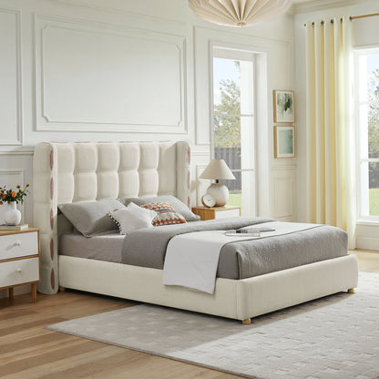 Queen size chenille wingback bed with cream tufted upholstery by HouseOfZazla on Tampa Home & Garden Store