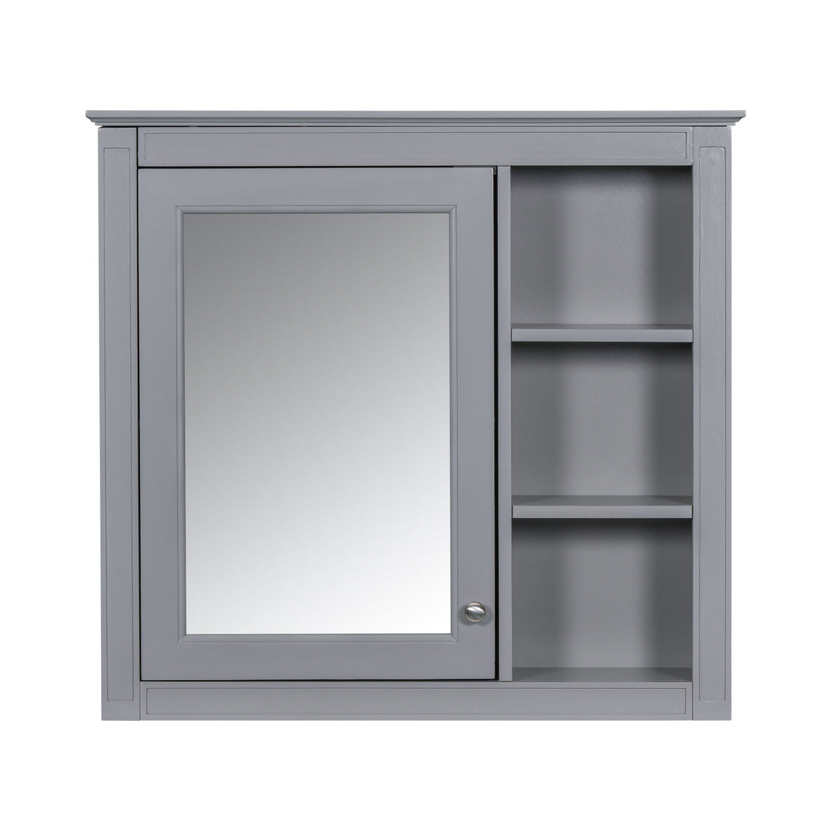 Wall-mounted medicine cabinet with mirror on left and 3 open shelves on right, gray finish on Tampa Home & Garden Store