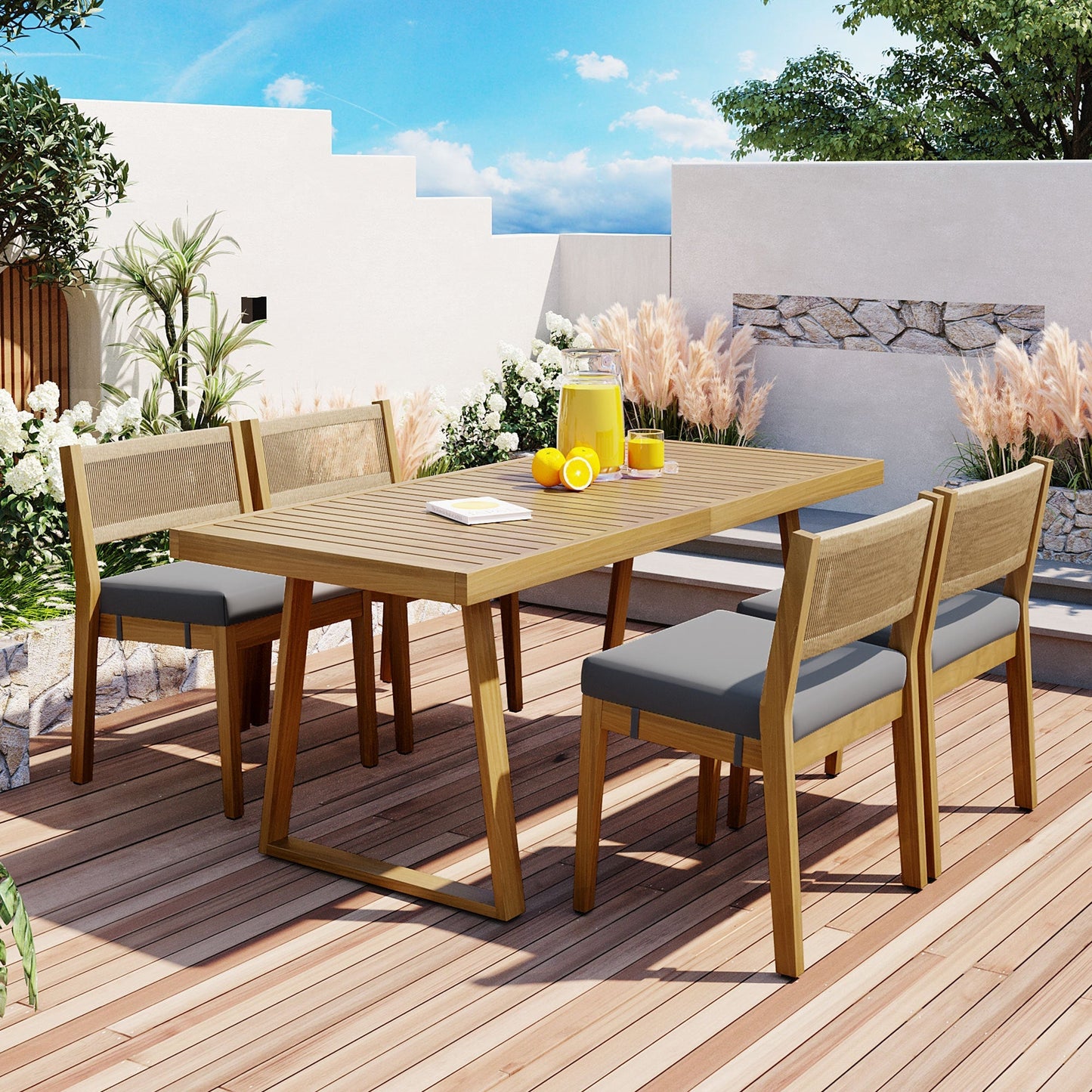 U_Style 6-seat outdoor acacia wood dining set with natural finish and gray cushions HouseOfZazla on Tampa Home & Garden Store