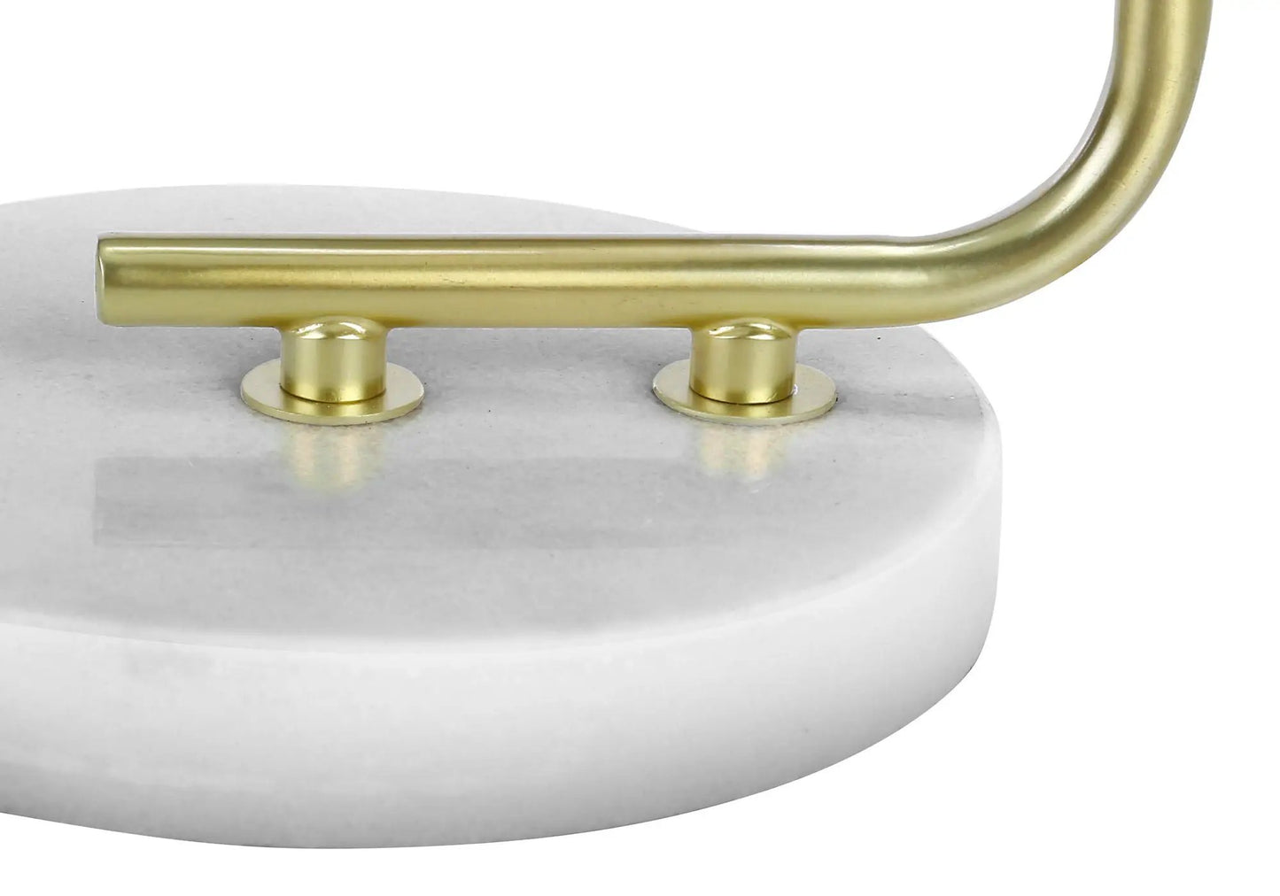Table lamp with white marble base and curved brass handle mounted on two round supports on Tampa Home & Garden Store