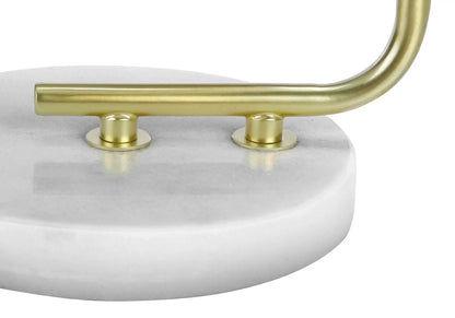 Table lamp with white marble base and curved brass handle mounted on two round supports on Tampa Home & Garden Store