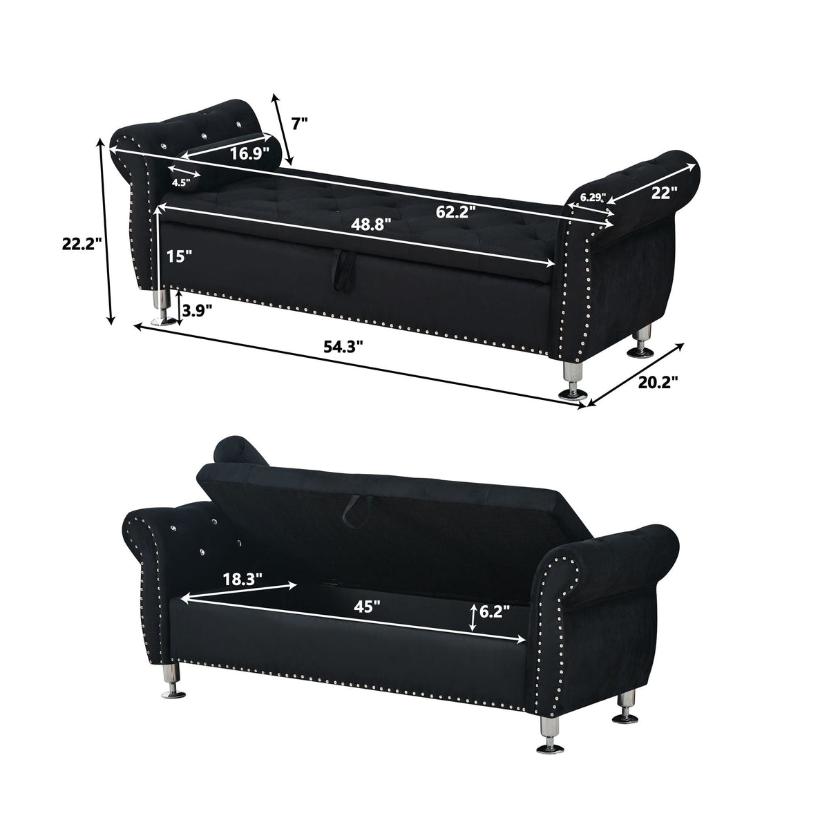 Storage bench with crystal-button tufting in black velvet, includes 1 pillow by HouseOfZazla on Tampa Home & Garden Store