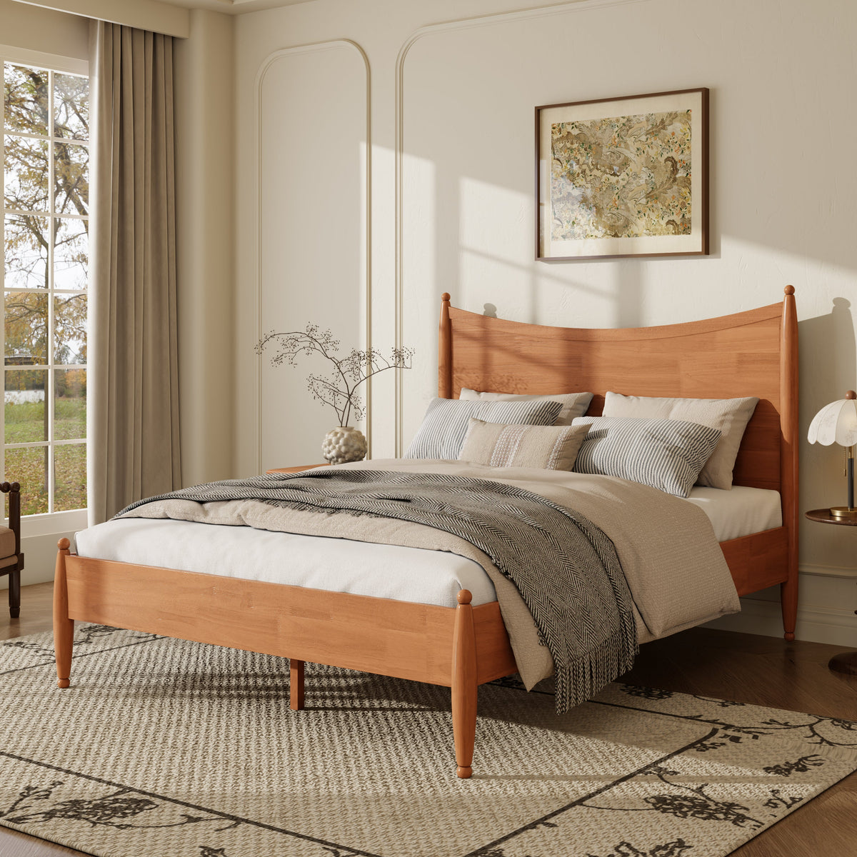Queen size solid wood platform bed with curved headboard in warm oak by HouseOfZazla on Tampa Home & Garden Store