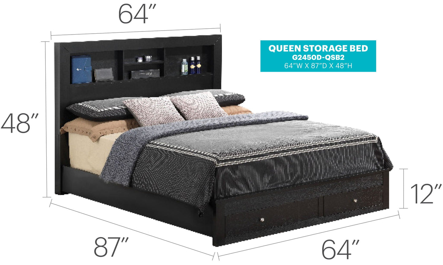 Queen storage bed with built-in headboard shelves in black by HouseOfZazla, modern storage bed on Tampa Home & Garden Store