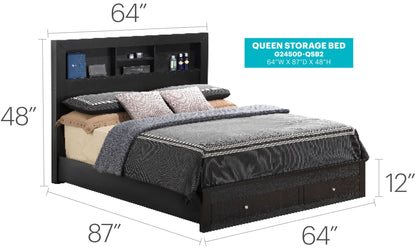 Queen storage bed with built-in headboard shelves in black by HouseOfZazla, modern storage bed on Tampa Home & Garden Store