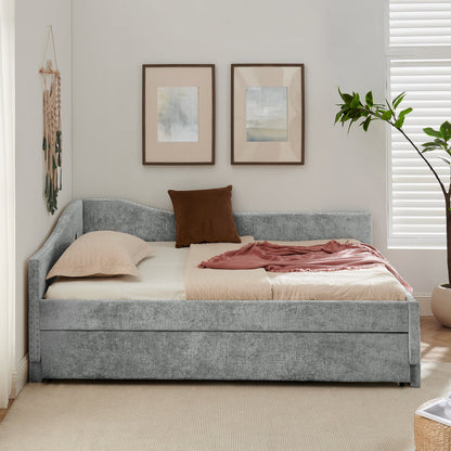 Full Size Curved Edge Padded Backrest Daybed in gray upholstered fabric with nailhead trim on Tampa Home & Garden Store