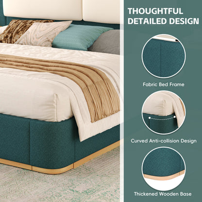 Queen size upholstered platform bed in teal fabric with light wood base beige bedding on Tampa Home & Garden Store