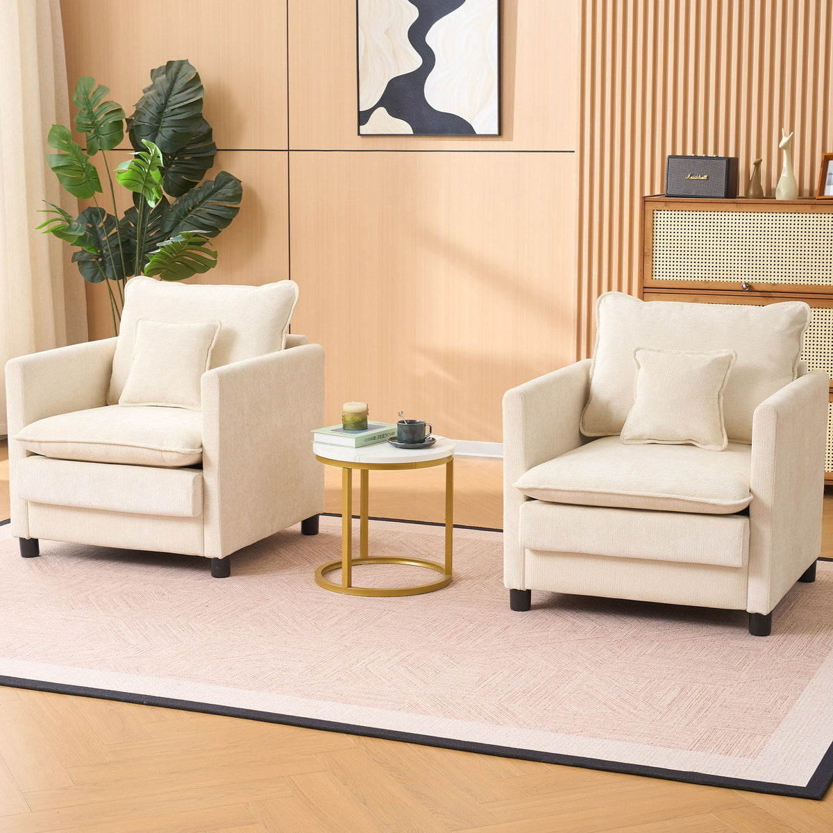 Modern Reading Armchairs pair in beige fabric with cushions in a contemporary living room on Tampa Home & Garden Store