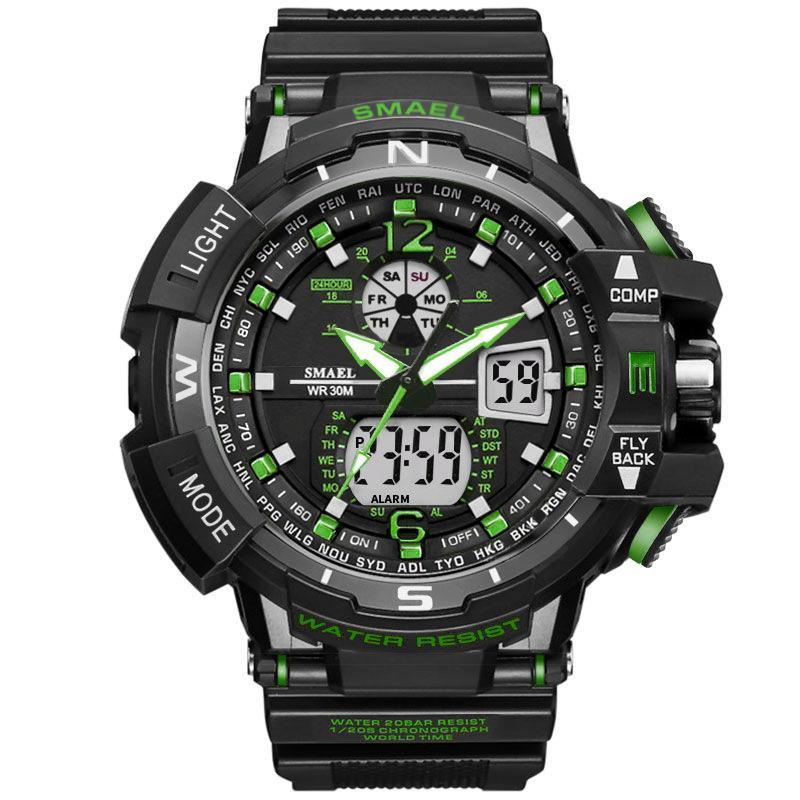 Sport watch with LED display, black and green accents, SMAEL logo, water resistant 30M on Tampa Home & Garden Store